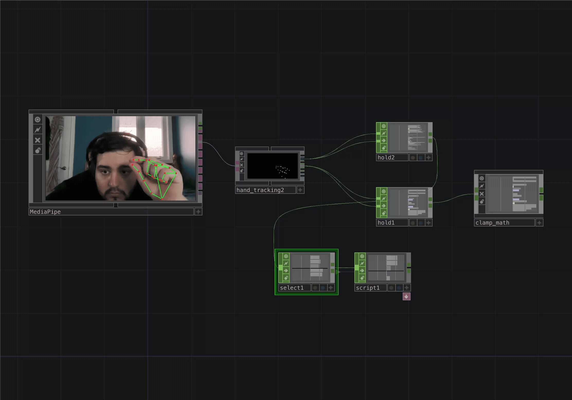 While experimenting with Media Pipe’s gesture controls, I was trying to understand how to isolate and work with specific data points.
      
      <br><br>

To do this I followed along with the Media Pipe creator’s tutorial video. In it he was explaining how to make a logic system to isolate the data and what the possible uses are for it.