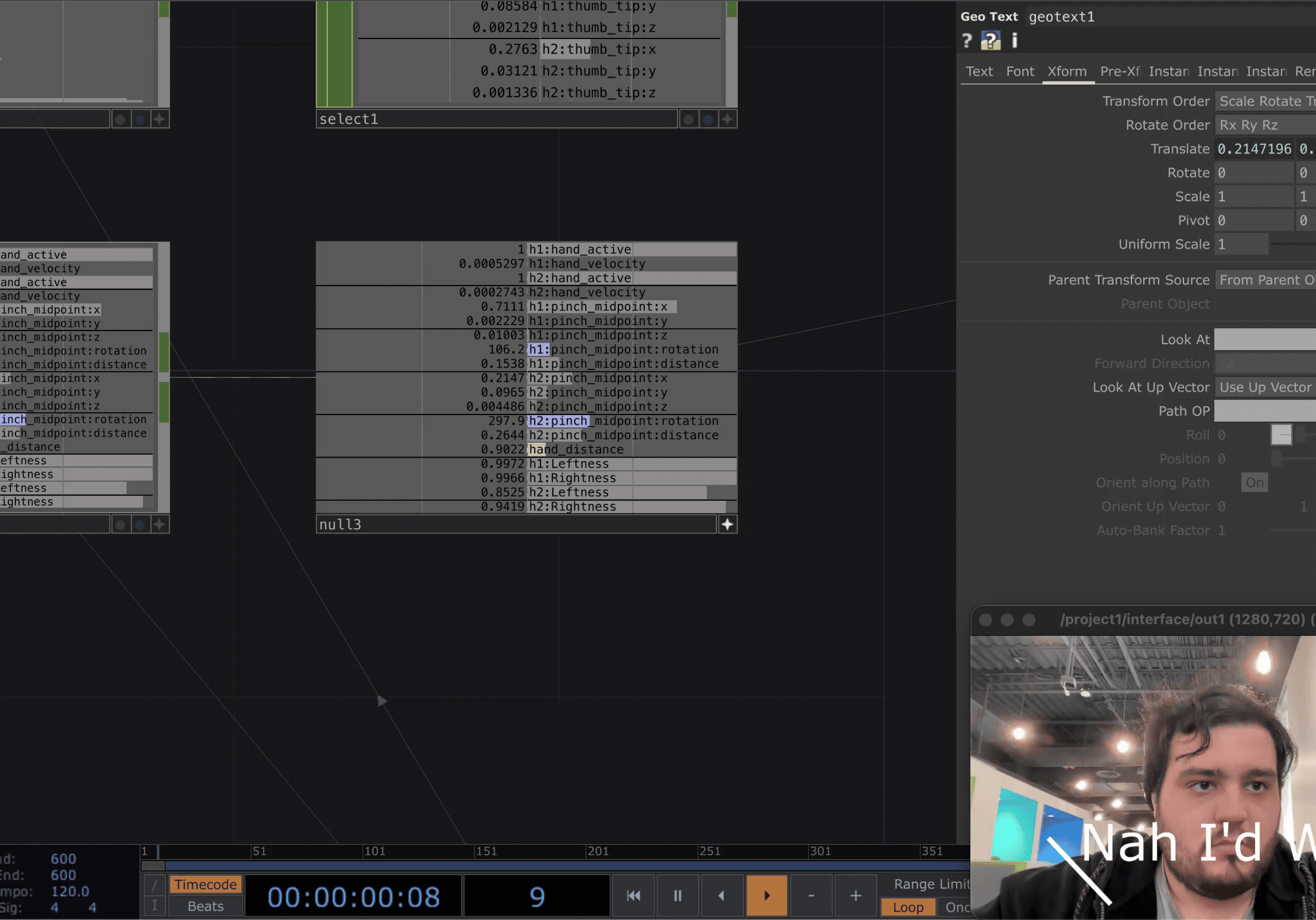 I followed along with Torin Blankensmith’s videos so I could learn how to map the gesture controls. While I was mapping the data points, I was also learning how to create visuals that follow and respond to gestures I created.

<br><br>

Here I was testing how text would respond with gestures and if it would follow my recorded finger’s data.