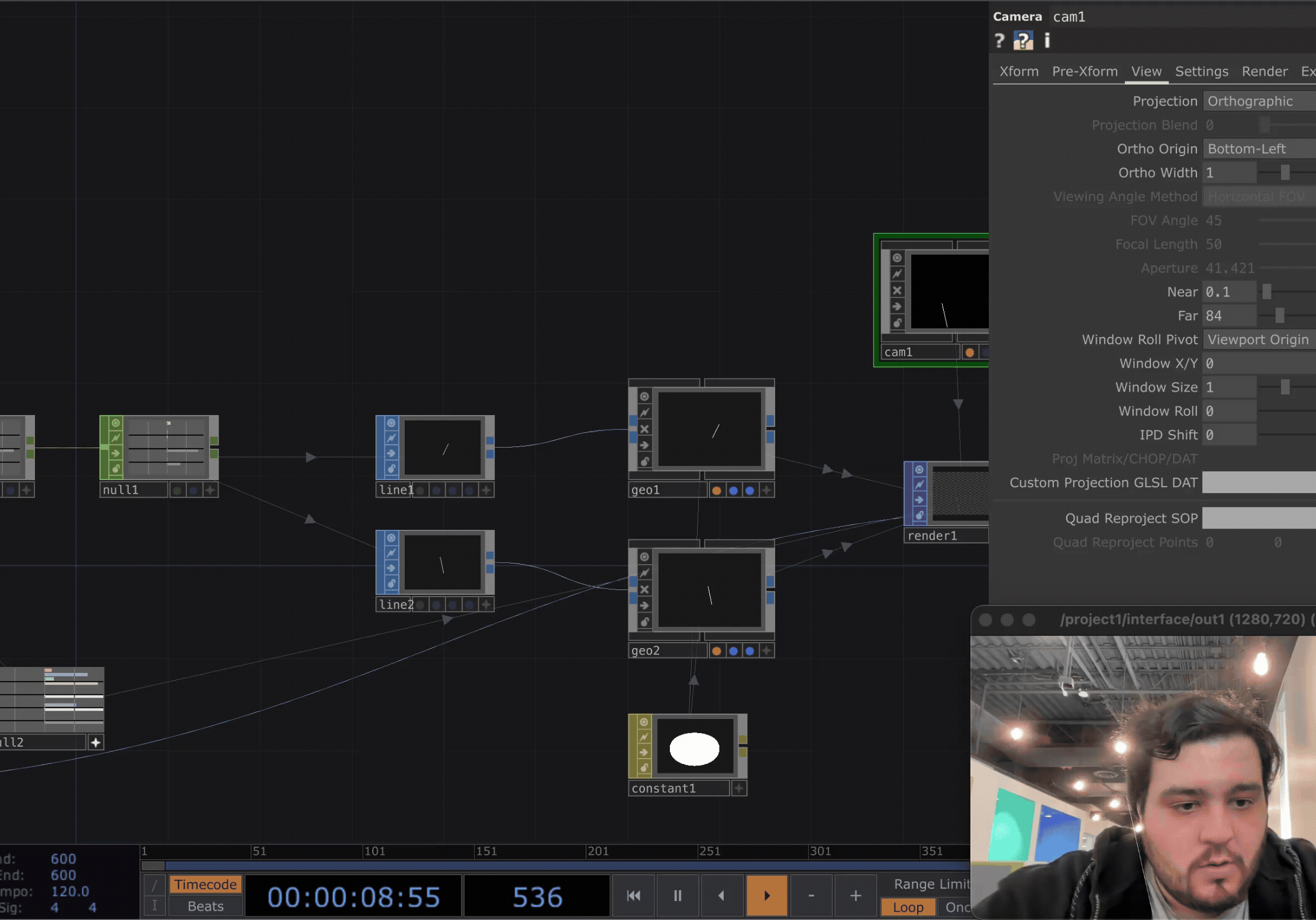 Here I was following along with a video to create points that correspond with my index finger tip and my thumb tip. I also learned how to link two points together with a line, which could be useful for measuring space or linking points together. 
      
      <br><br>

Reflection: This research helped me understand more about Touch Designer operators and how they could be used alongside the gesture tracking. This will be helpful for the project going forward as we will continue using Touch Designer to create a gesture controlled interactive fitness mirror.